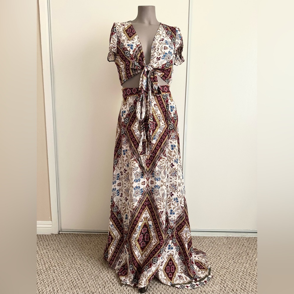 Boho Geo-Print 2 pc Tie-Front Top & Skirt Set
